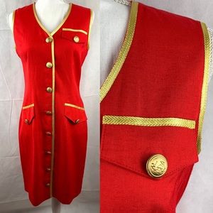 Red Sleeveless Gold Trim Cotton Blend Button Dress